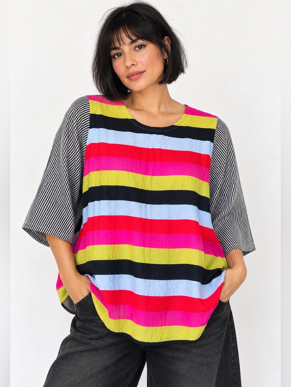 Alembika L Linen Blend Multicolor Stripe Boxy Lagenlook Art to Wear Top